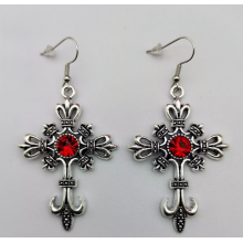 Сережки Fashion Jewerly ажурні хрести з червоним каменем у готичному стилі y2k сріблясті (SVS)