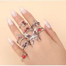 Набір кілець Fashion Jewerly Червона королева метелик серце, регульовані, сріблястий колір, 8 штук (SVS)