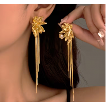 Сережки Fashion Jewerly довгі висячі з ланцюжками пелюстки квітки акцентні сережки вечірні, біжутерія, золотисті (SVS)